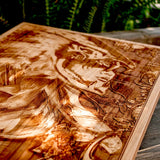 world of Warcraft fan art, wow hunter, woman hunter, hunter with bow, laser engraved art on wood