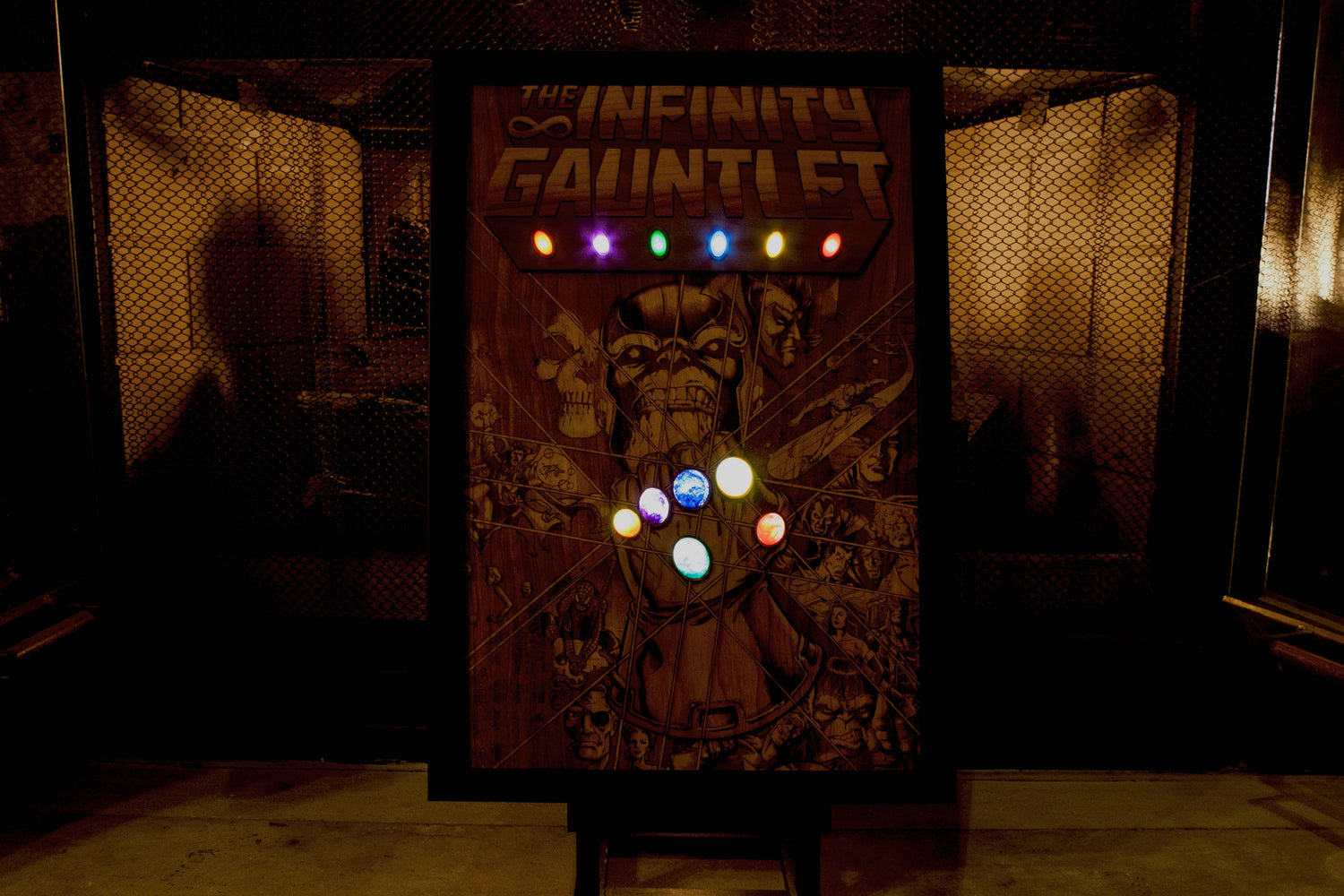 laser engraved infinity gauntlet. wood comic book cover art