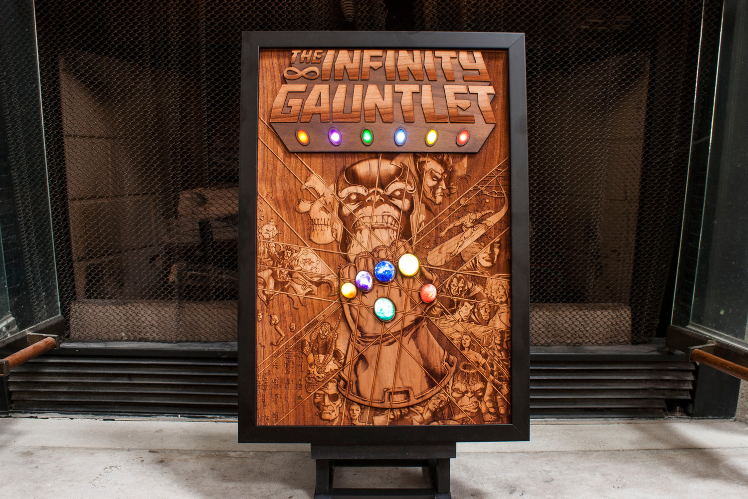 laser engraved infinity gauntlet. wood comic book cover art