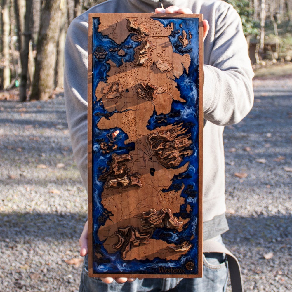 GOT, topographical map, fantasy map, resin and wood art, laser engraved, thrones, jon snow,