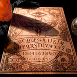 laser wood engraved, wood Ouija Board and Planchette done by Spitfire labs NYC, spirit board