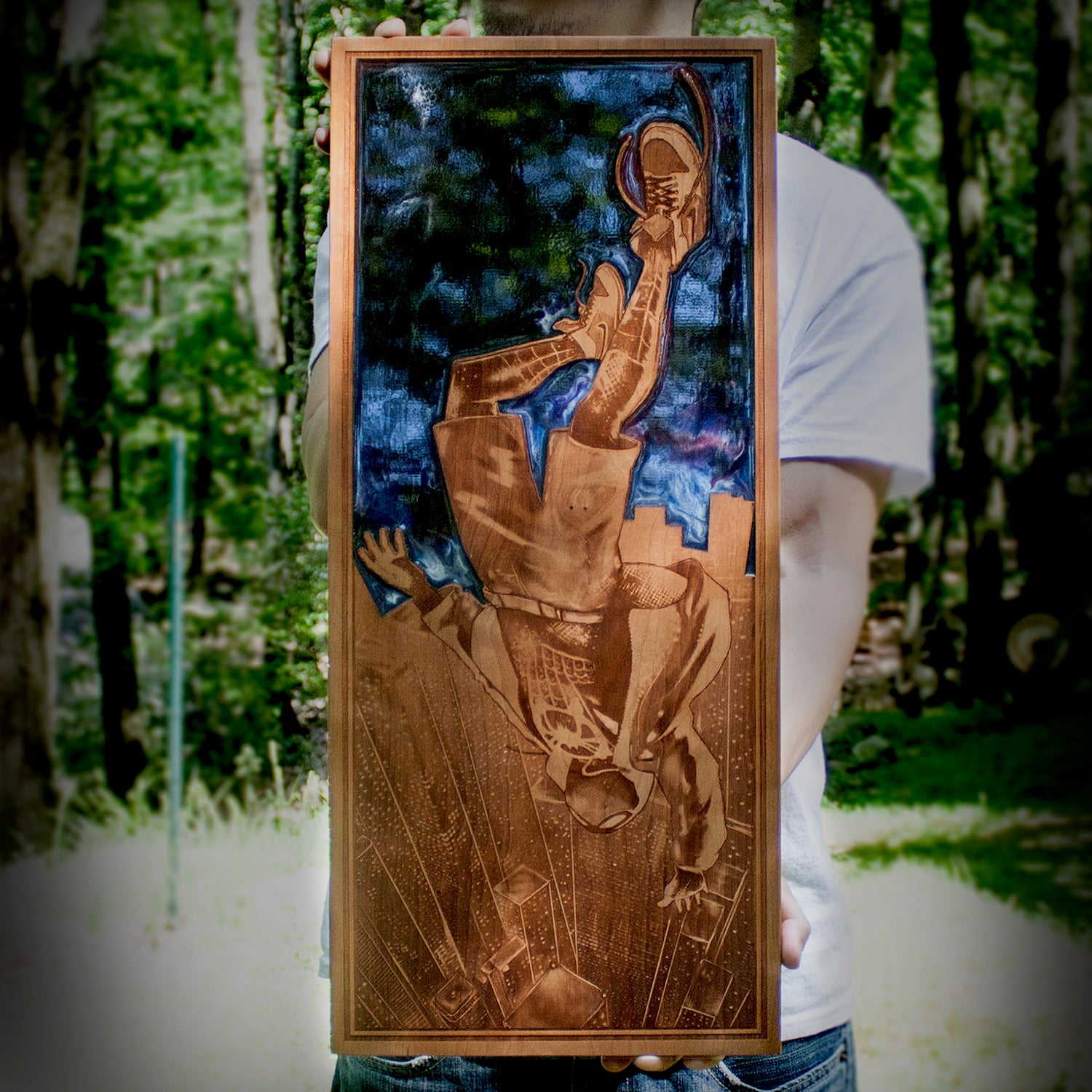 multiverse, spider, into the verse, man that is a spider, miles, resin and wood, laser wood art,