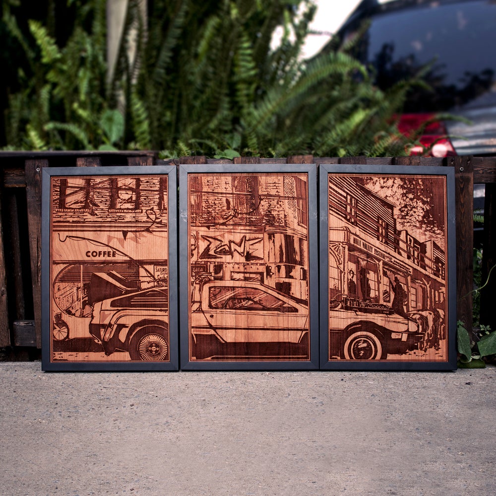 Back to the Future, laser wood engraved, plaque, triptych, Marty Mcfly, delorean car