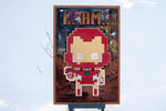 8 bit iron hero with glowing parts, made of wood, resin and acrylic