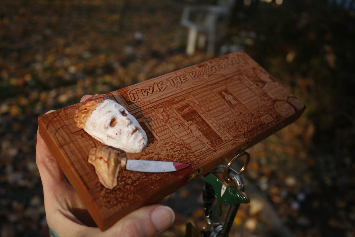 Michael Myers-inspired wooden key holder CNC head and hand unique blood splatter.