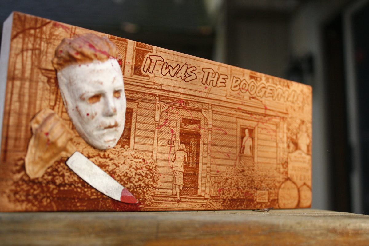 Michael Myers-inspired wooden key holder CNC head and hand unique blood splatter.