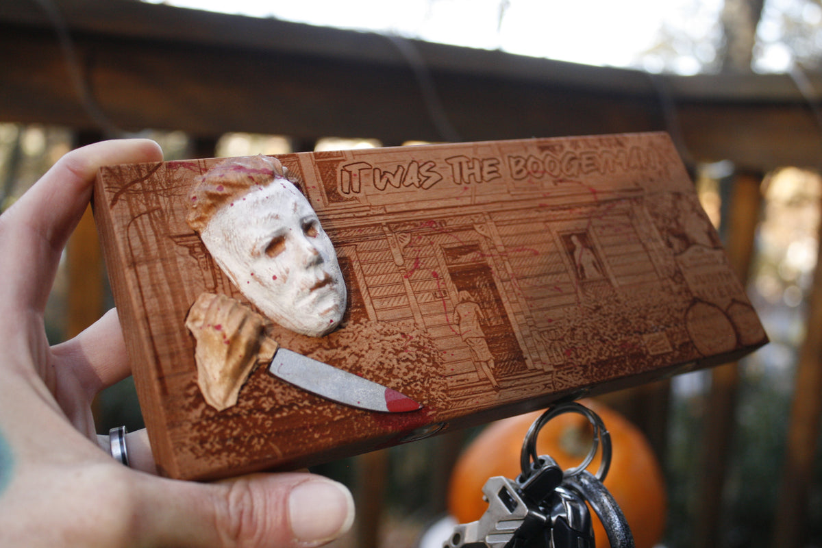 Michael Myers-inspired wooden key holder CNC head and hand unique blood splatter. hanging heavy keys