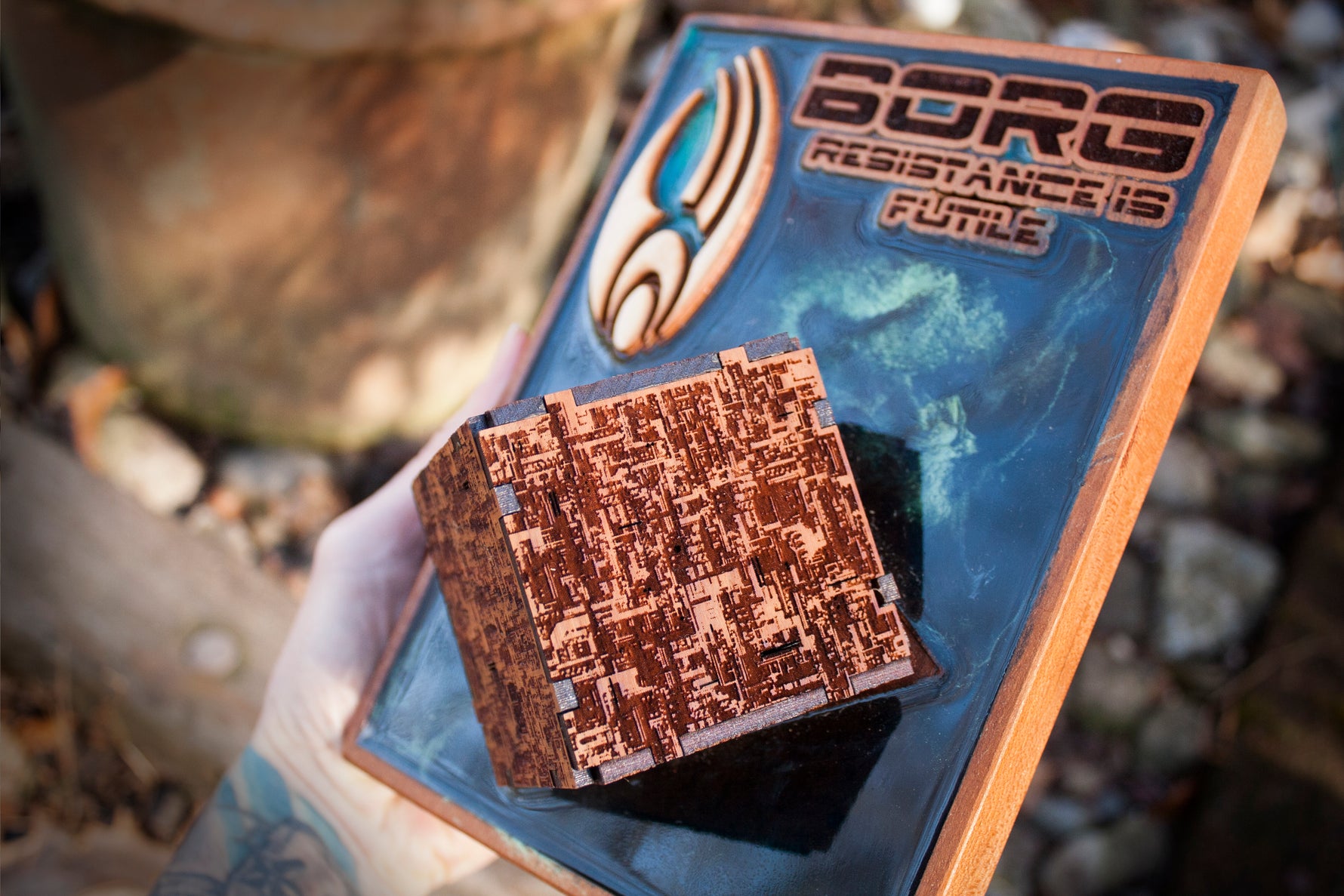 Sifi ship, syfy ship, deep space, resin and wood art,  resistance is futile, the borg with uv resin 