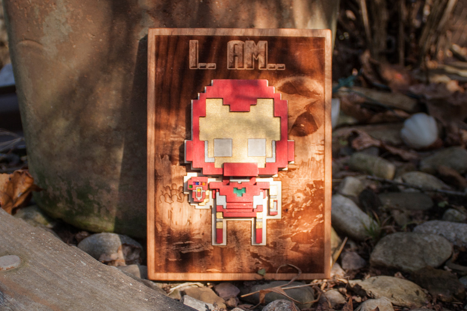 8 Bit Iron hero made of wood acrylic resin, glows in the dark