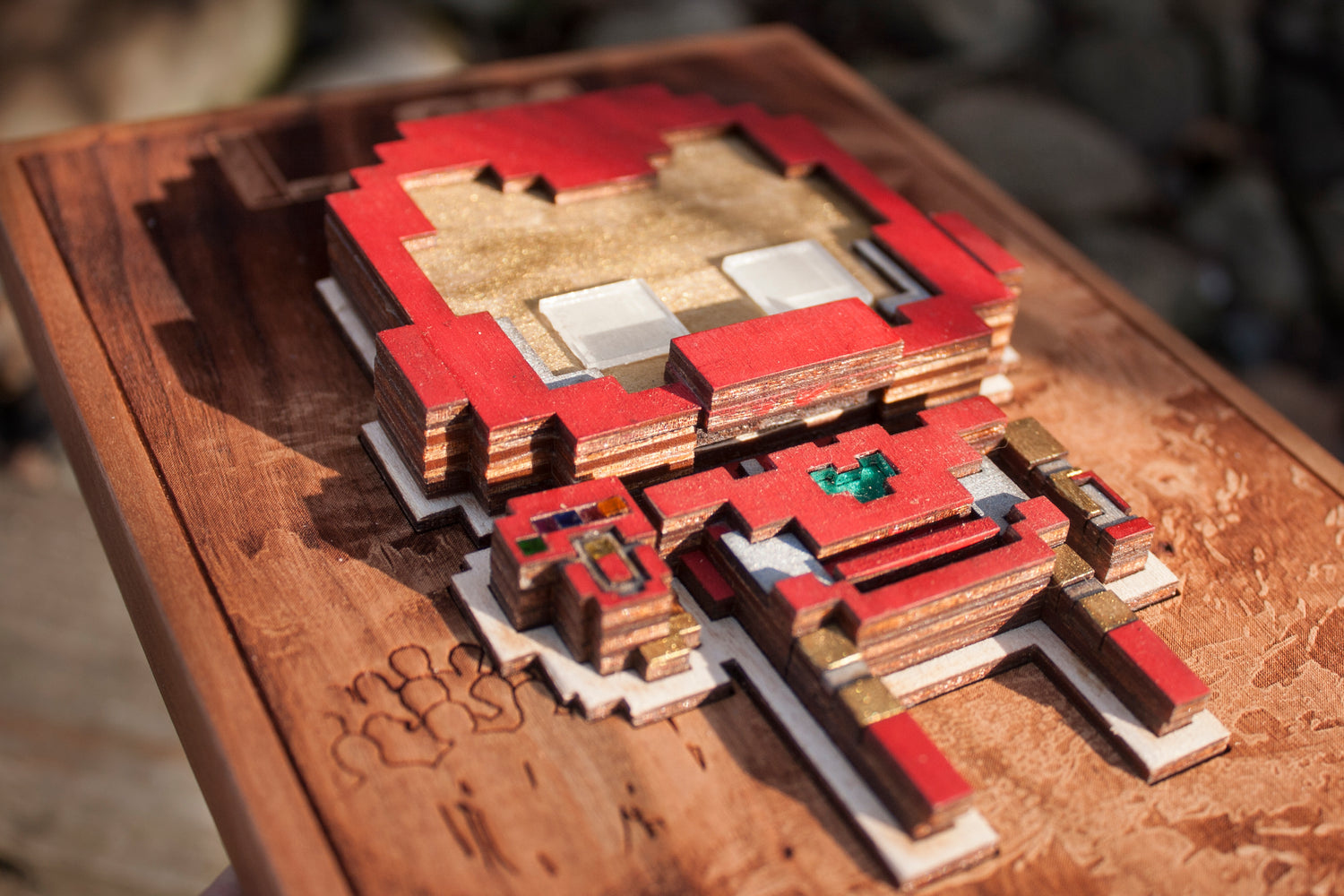 8 Bit Iron hero made of wood acrylic resin, glows in the dark