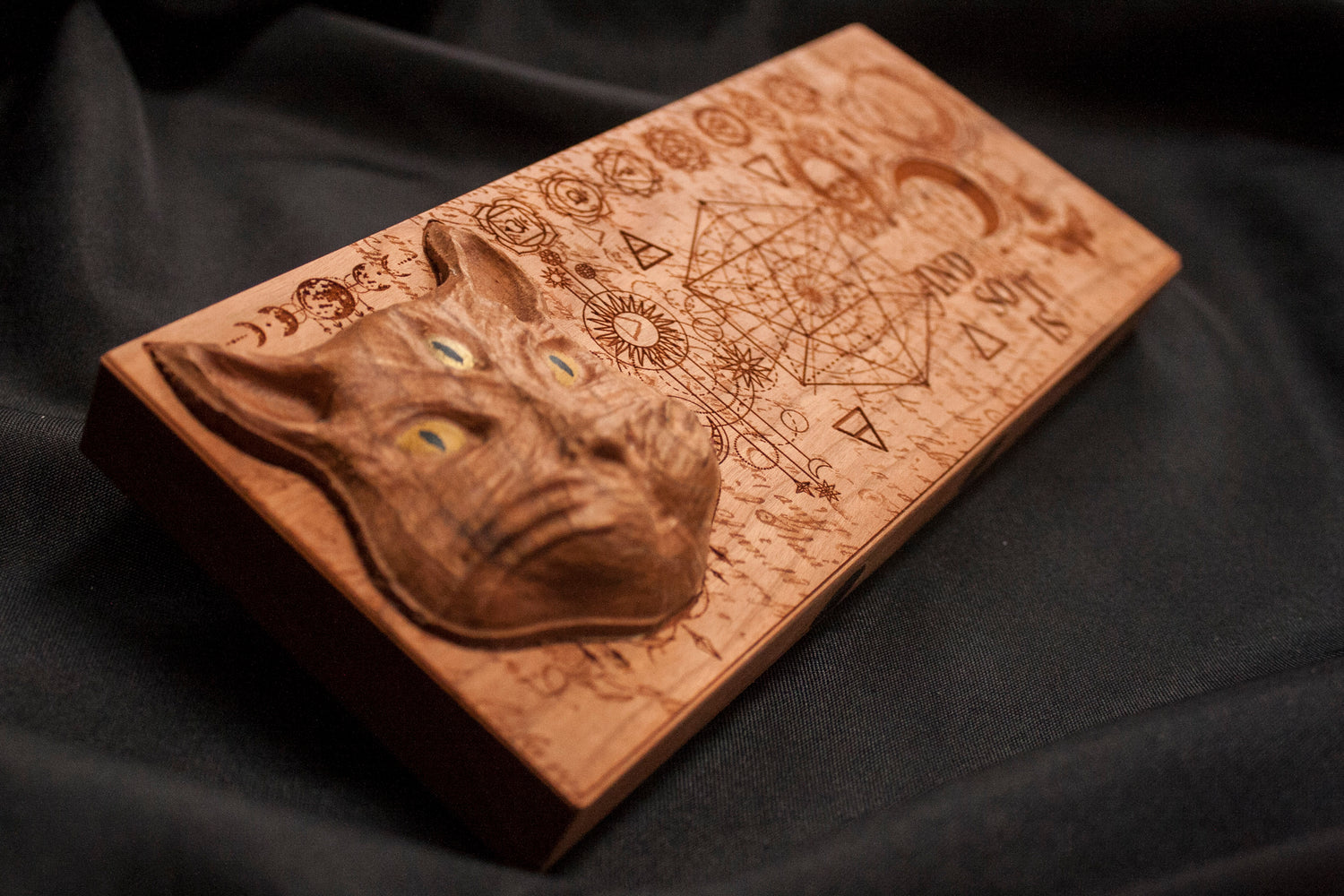 witchy cat keychain holder. laser engraved and cnc.