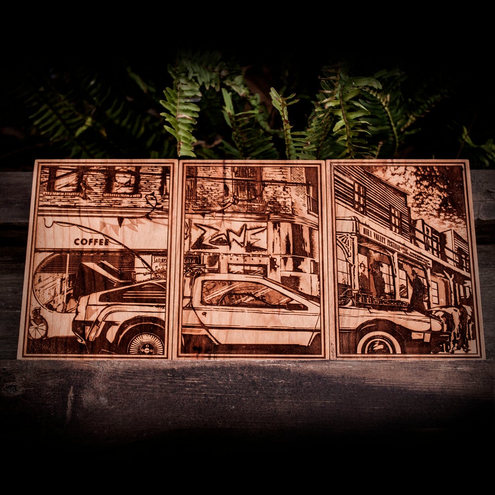 Back to the Future, laser wood engraved, plaque, triptych, Marty Mcfly, delorean car