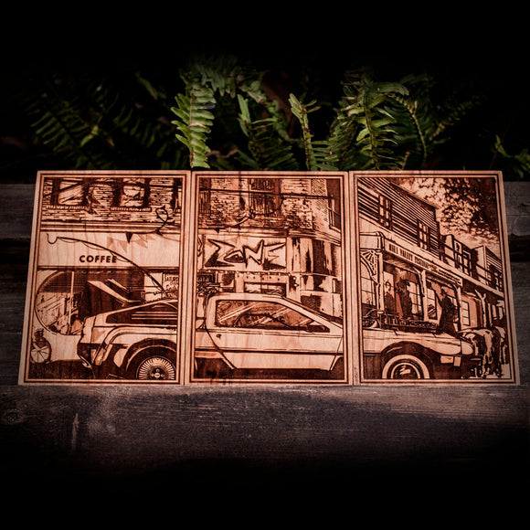 Back to the Future, laser wood engraved, plaque, triptych, Marty Mcfly, delorean car