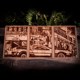 Back to the Future, laser wood engraved, plaque, triptych, Marty Mcfly, delorean car