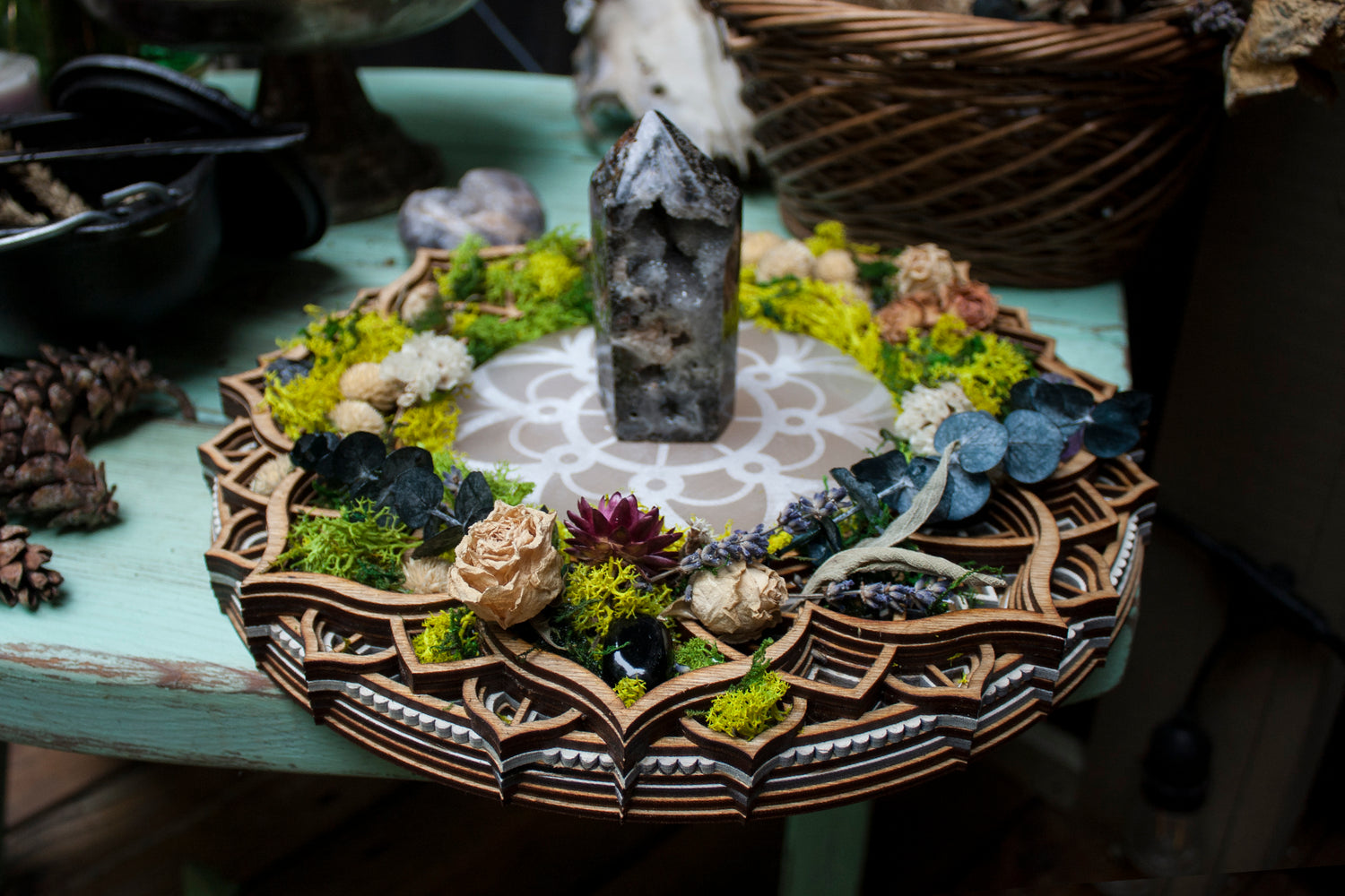 charging plate, dried flowers, crystal grid, metaphysical, healing crystals, white witch