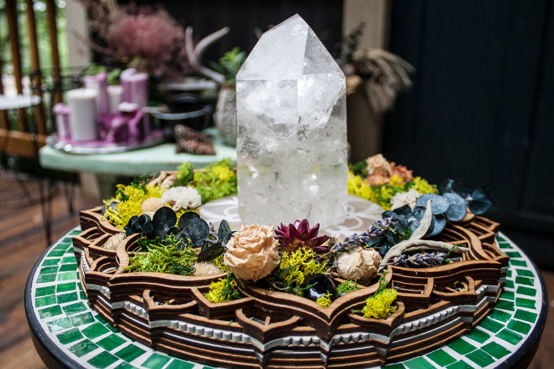 charging plate, dried flowers, crystal grid, metaphysical, healing crystals, white witch