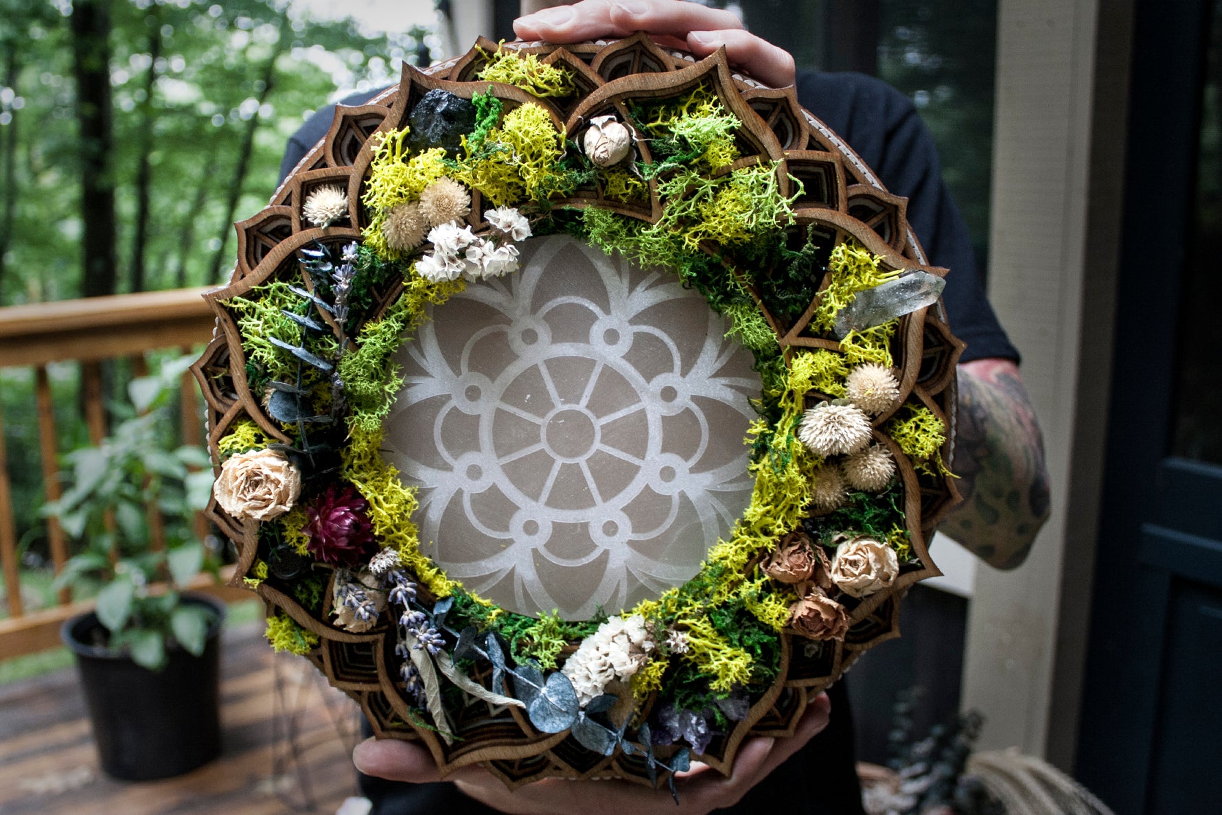 charging plate, dried flowers, crystal grid, metaphysical, healing crystals, white witch