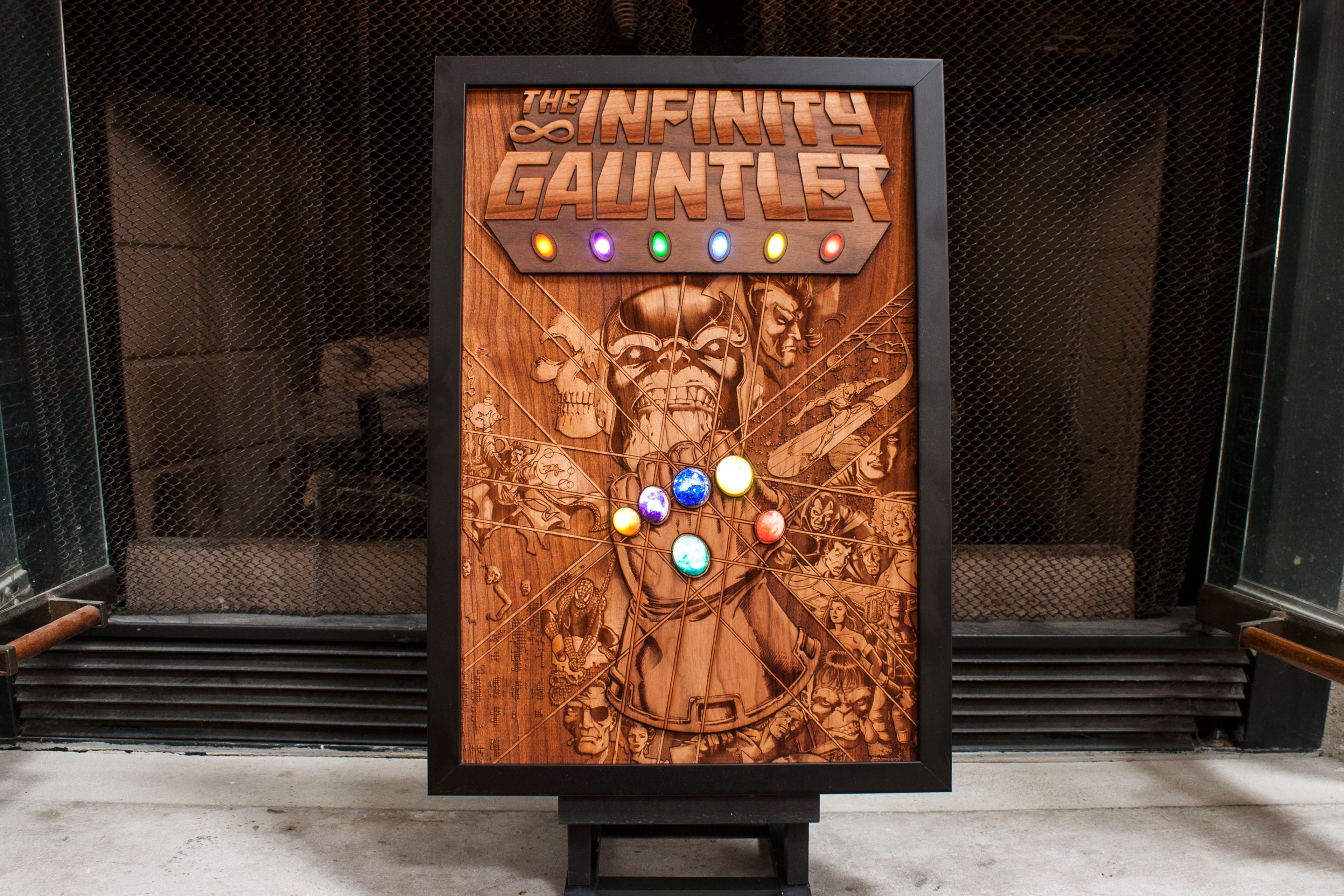 laser engraved infinity gauntlet. wood comic book cover art