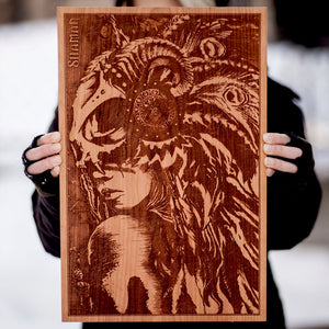 world of Warcraft fan art, wow, woman shaman, hunter with bow, laser engraved art on wood