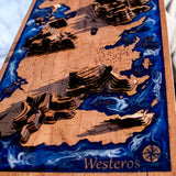 GOT, topographical map, fantasy map, resin and wood art, laser engraved