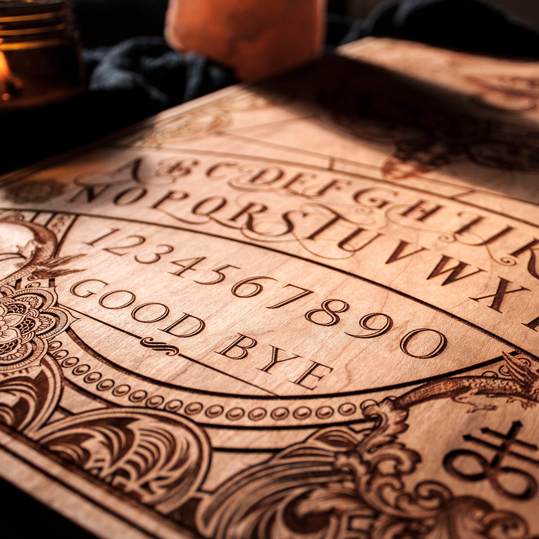 laser etched, wood Ouija Board and Planchette done by Spitfire labs NYC, spirit board, board game