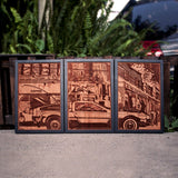 Back to the Future,  laser wood engraved, plaque, triptych, Marty Mcfly, delorean car