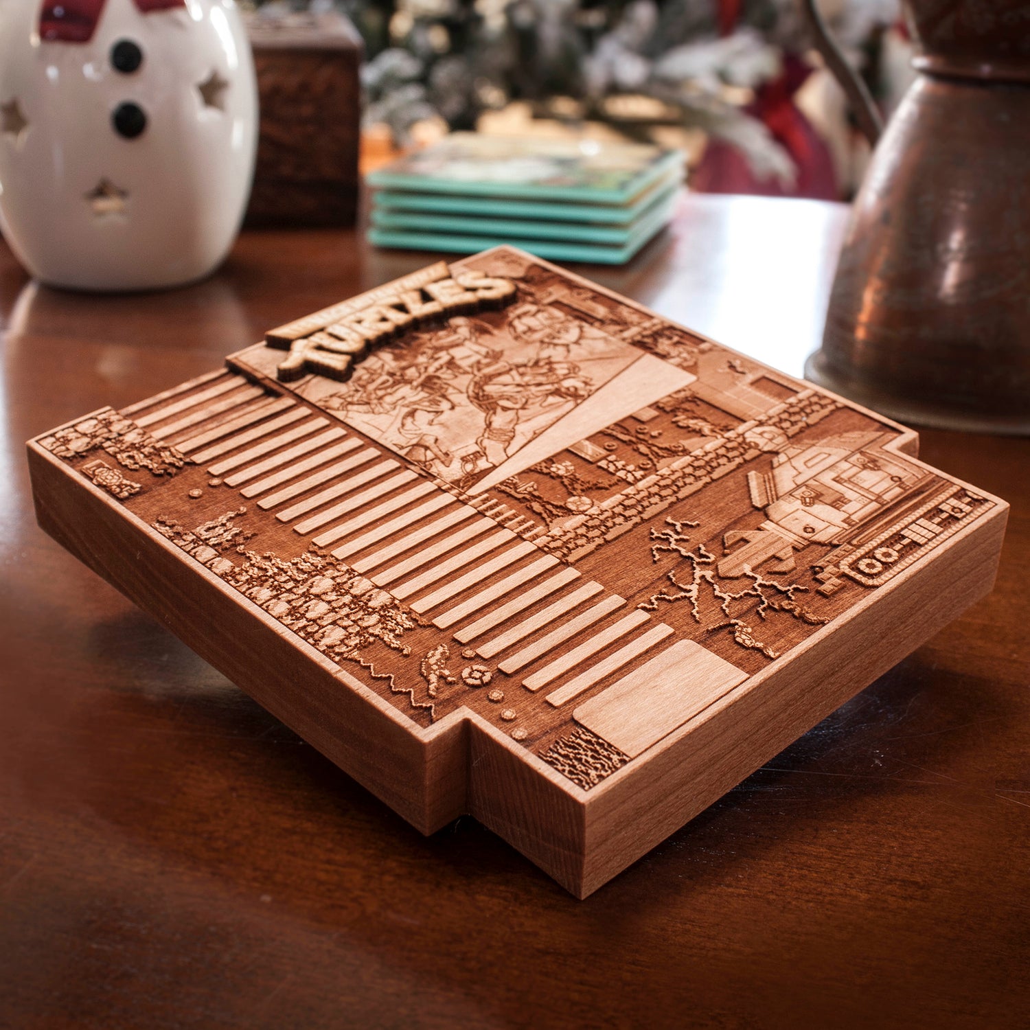 laser engraved, laser etched wood TMNT NES wood cartridge done by spitfirelabs