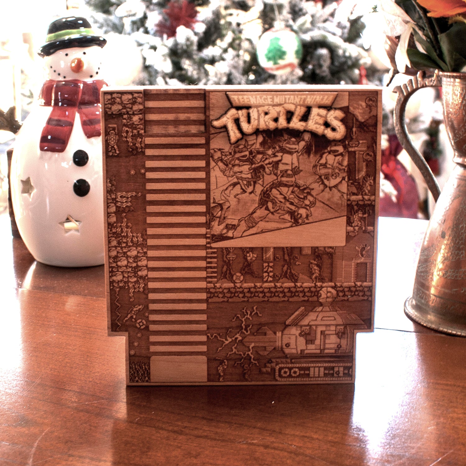 laser engraved, laser etched wood TMNT NES wood cartridge done by spitfirelabs